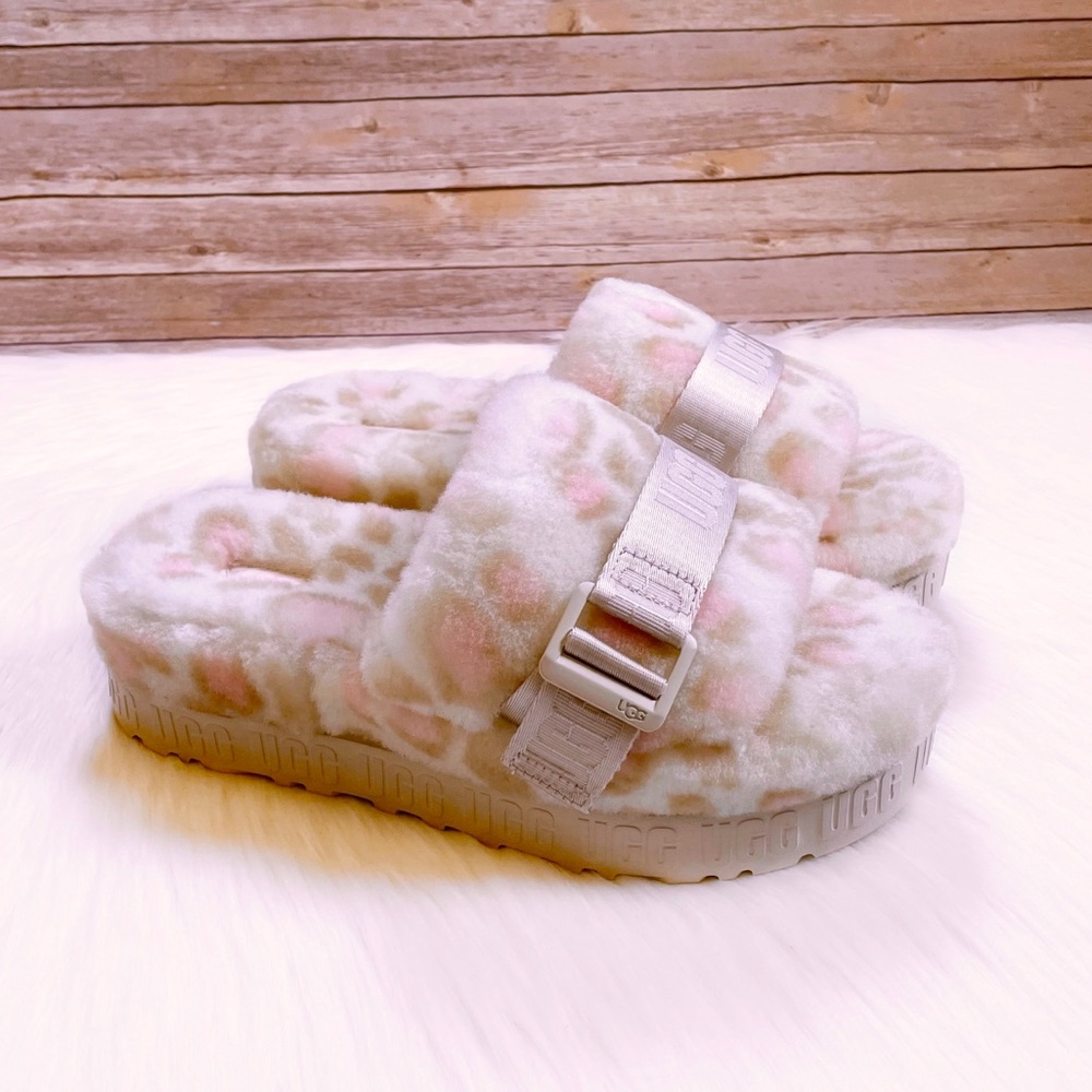 UGG Fluffita Panther Print Sheepskin Platform Slides In White